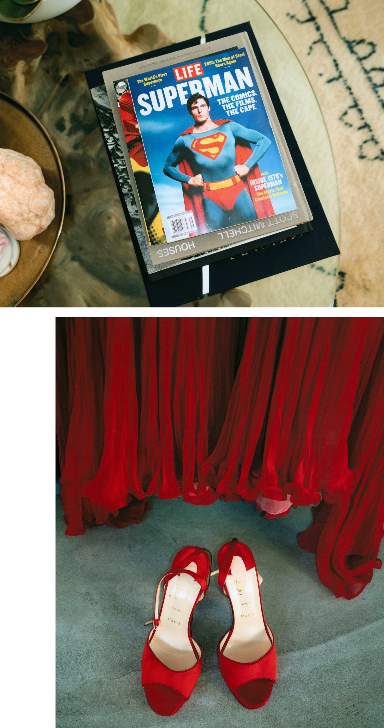 Behind the scenes photos of Sara Sampaio getting ready for the Superman Los Angeles premiere. The top image shows a stack of magazines on a table. On top, is a vintage Life magazine with Superman on the cover. The bottom image is a portrait of the bottom of Sara's dress and her red Christian Louboutin heels.