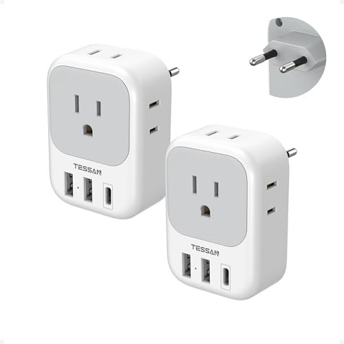 2 Pack European Plug Adapter Usb C, Tessan Us to Europe Adapter 4 Outlets 3 Usb Charger, Type C International Power Adaptor to Italy Spain France Portugal Iceland Germany, Europe Travel Essentials