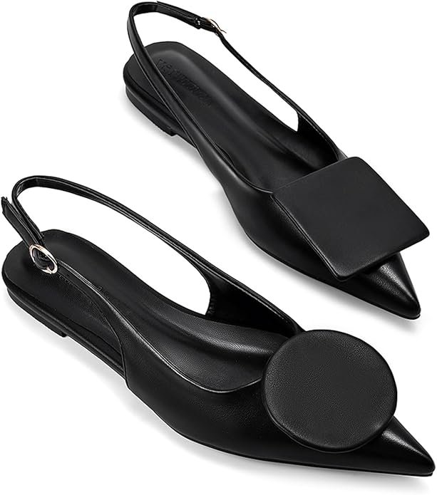 Vertundy, Black Pointed-Toe Flats W /Geometric Shapes. 
