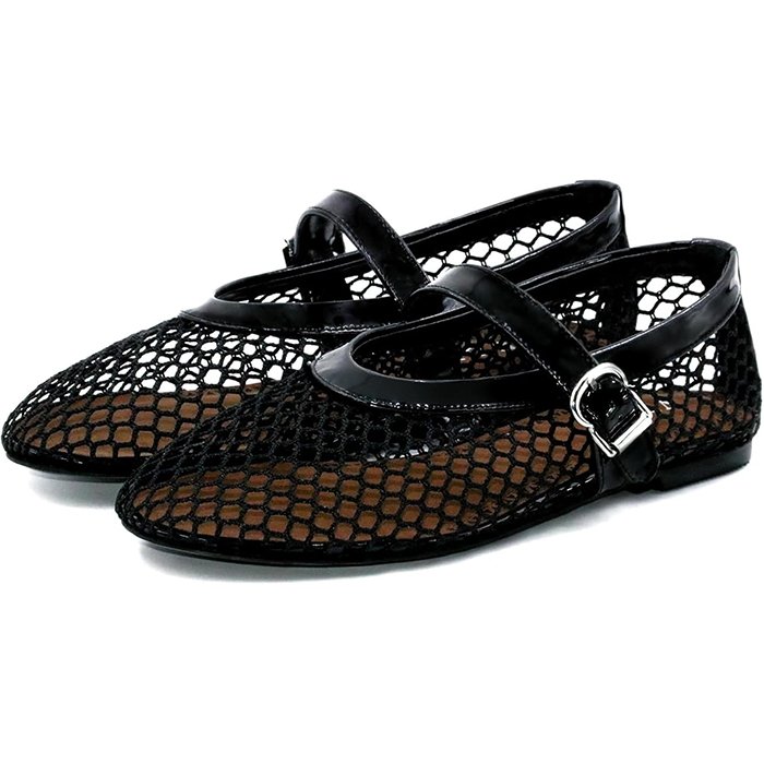 VBDB, Vbdb Black Mesh Ballet Flats for Women Buckle Strap Round Toe Wide Width Mesh Mary Jane Flats Casual Ballerina Shoes Black 8.5