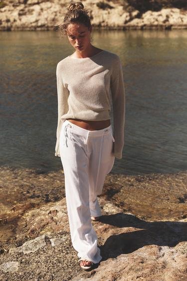 Linen Blend Wide-Leg Trousers With Buckles