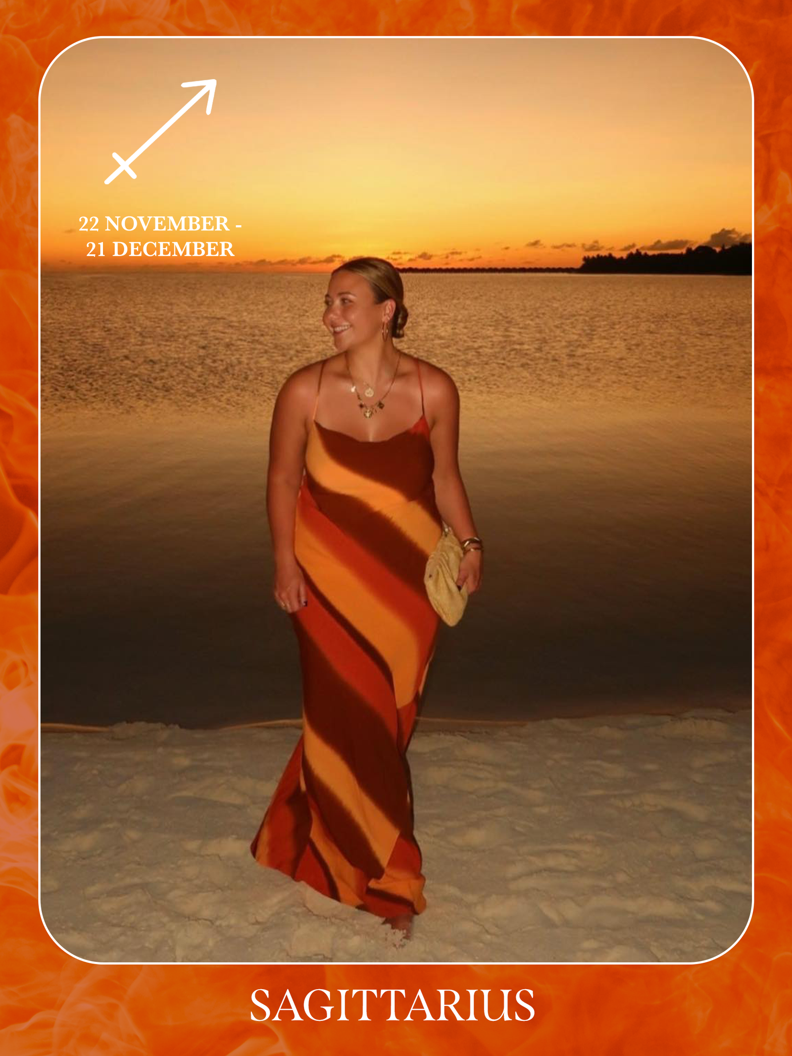 An image of @oliviamarcus posing on a beach wearing a striped maxi dress, showcasing the characteristics of sun sign dressing if you're a Sagittarius.