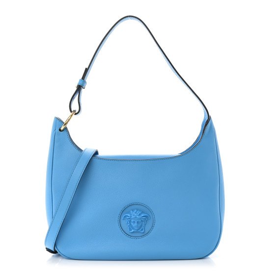 Versace Grained Calfskin La Medusa Medium Hobo Crossbody Blue