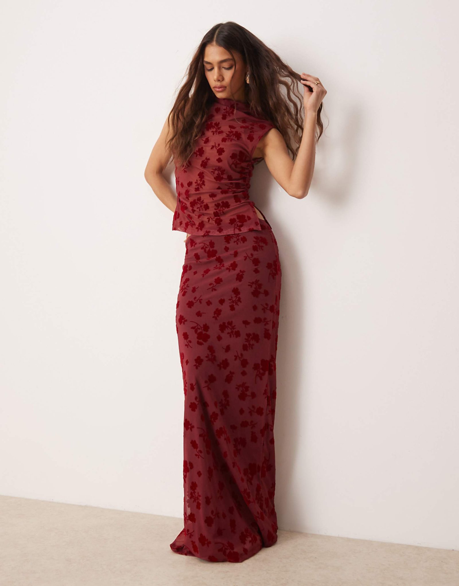 Asos Design Flocked Mesh Low Rise Co Ord Maxi Skirt in Red