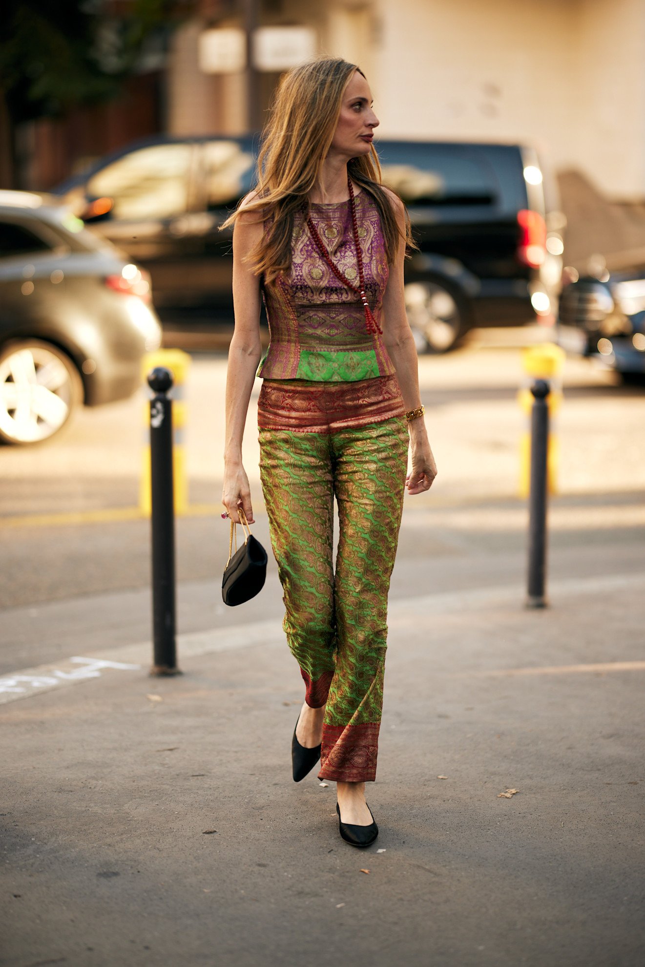 Lauren Santo Domingo wearing a printed two-piece set in Paris.