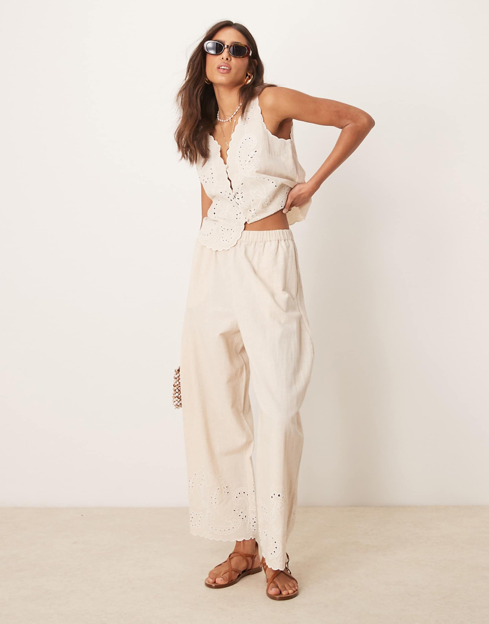 Asos Design Linen Blend Scallop Edge Embroidered Wide Leg Trouser Co-Ord in Stone