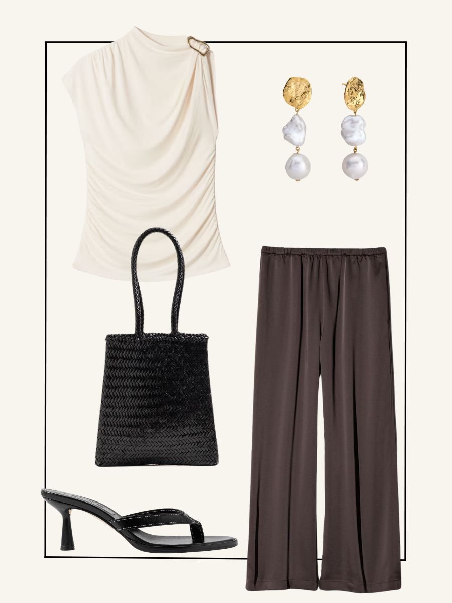 Senior shopping editor Marina Avraam shows how she’d wear Uniqlo’s satin trousers in the evening—with a draped white top, pearl earrings and a top-handle bag.