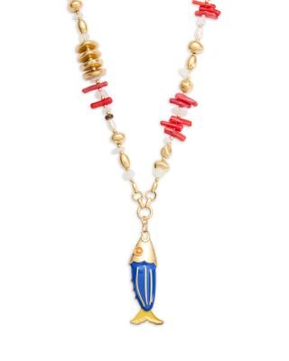 Blue Fish Beaded Chain Pendant Necklace, 18
