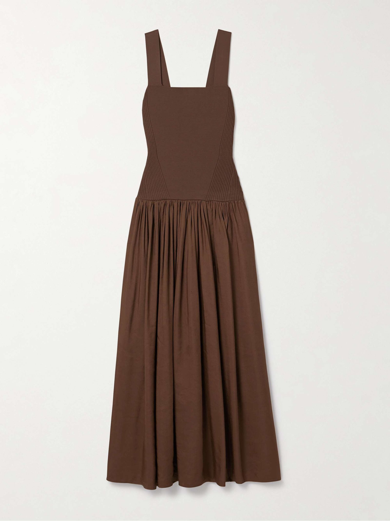 Stretch-Knit and Gathered Linen-Blend Midi Dress