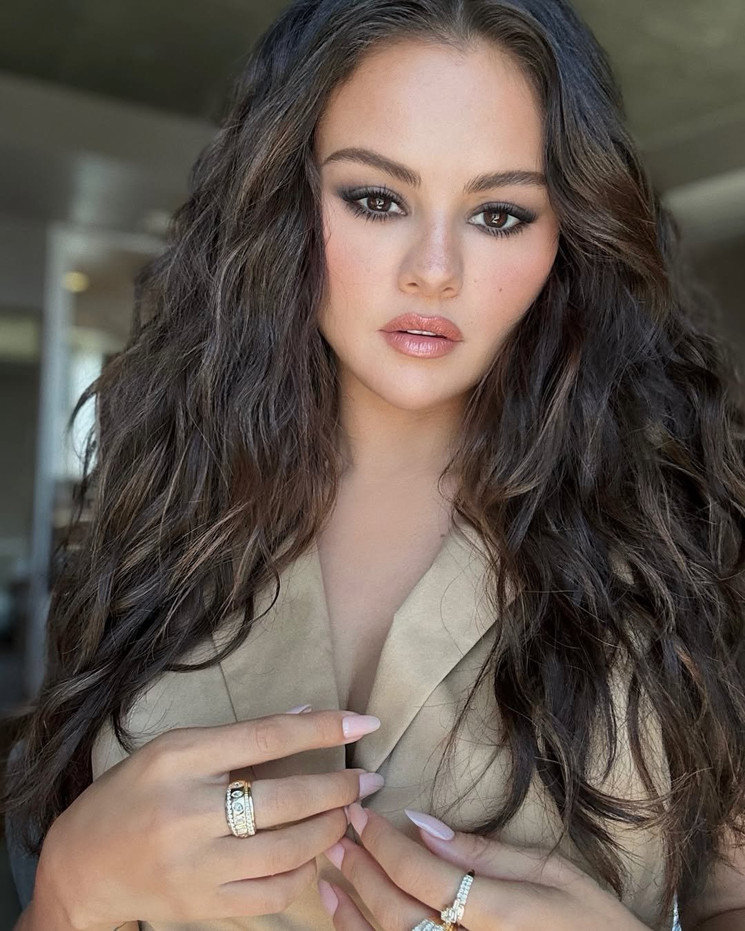 Selena Gomez with ash brown hair by Marissa Marino