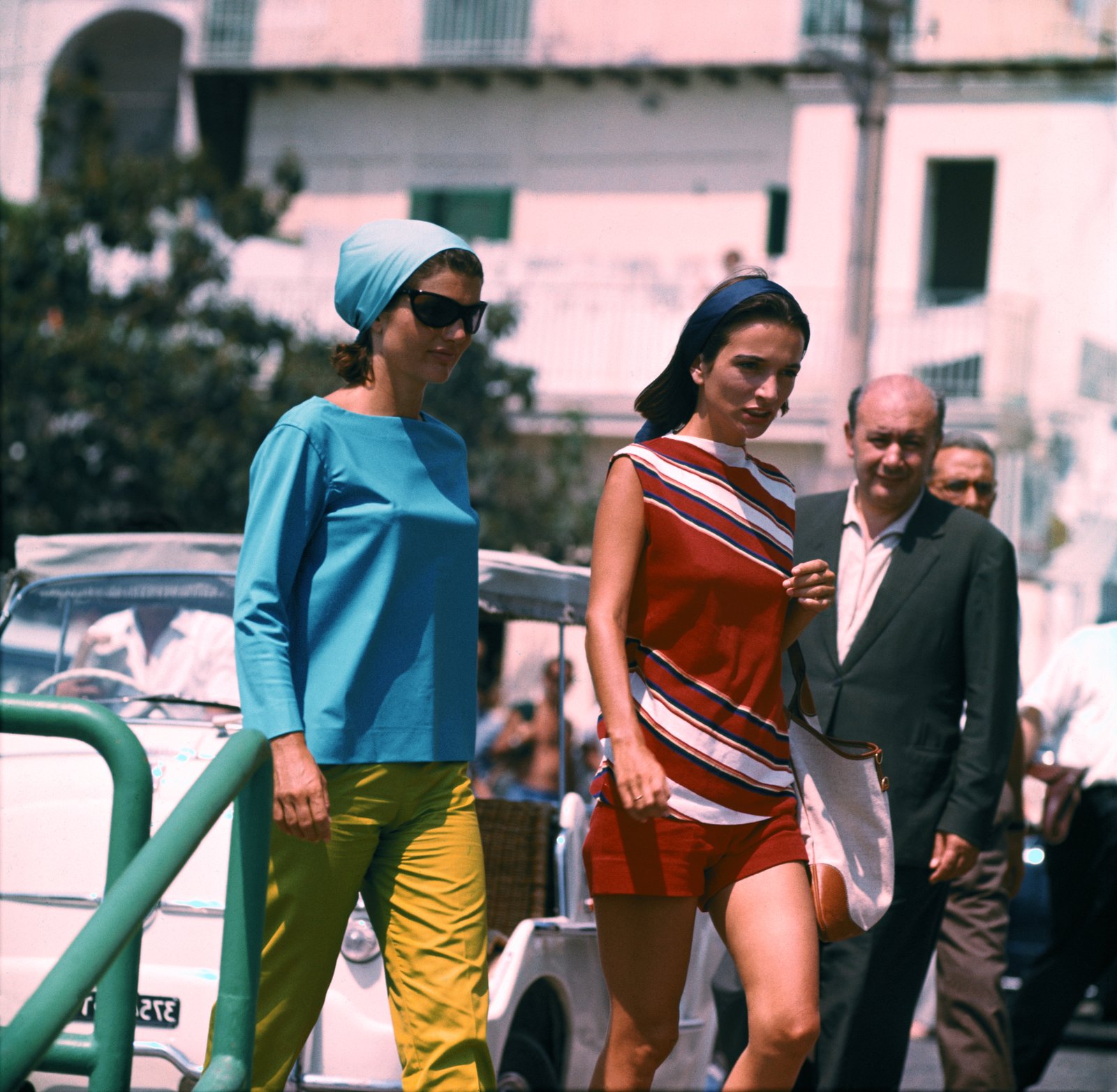 Photos of Jackie Kennedy Onassis in different late '60s and '70s-era summer staples.