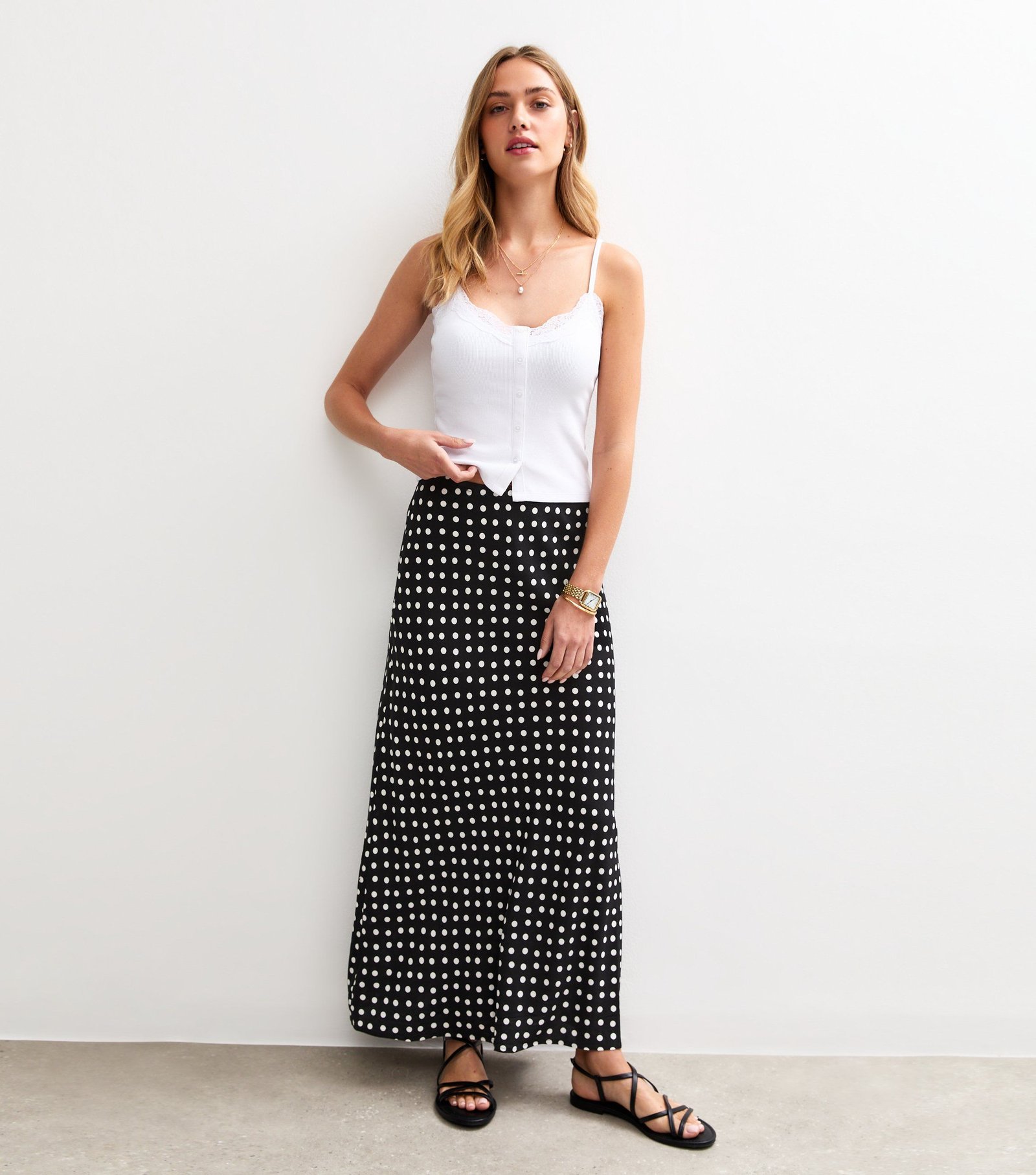 Black Spot Print Bias Cut Midi Skirt