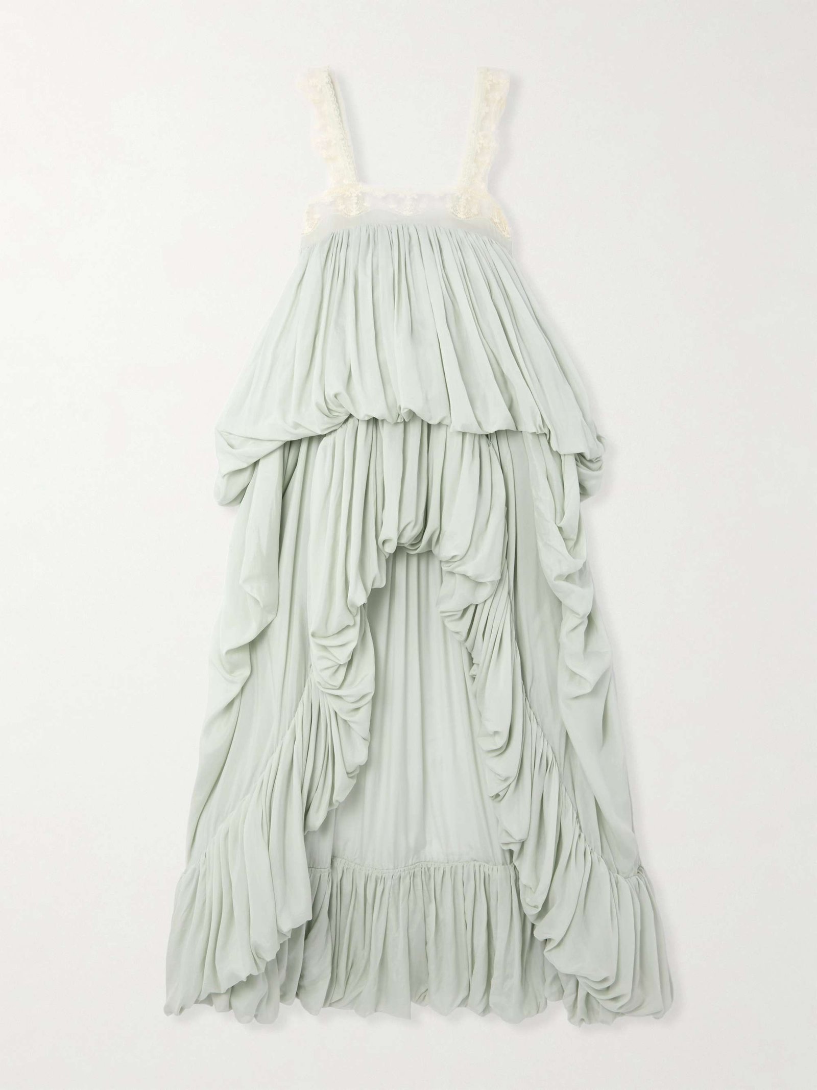 Lace-Trimmed Tiered Gathered Silk-Chiffon Gown
