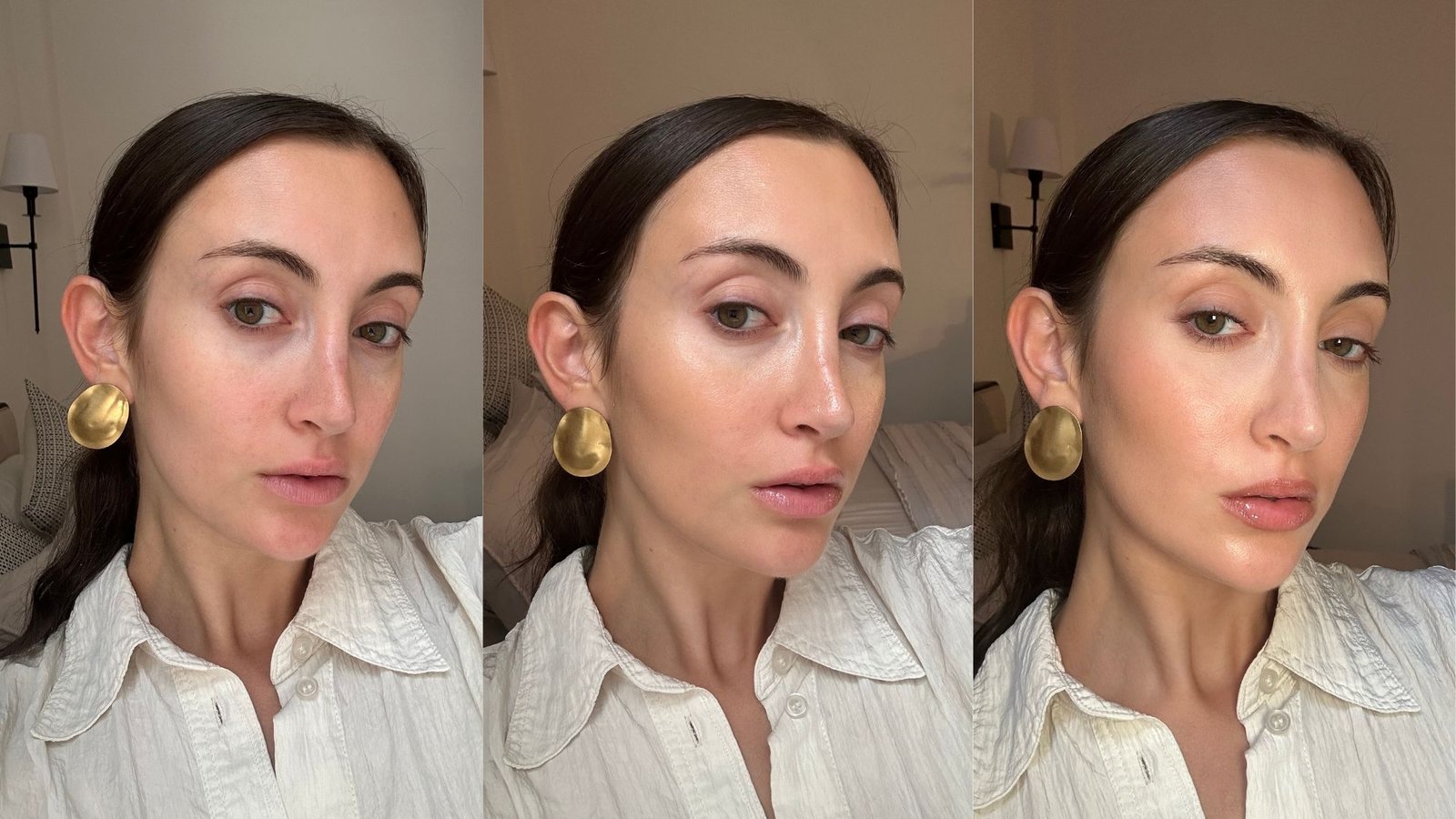 Alyssa Brascia before, during, and after using the E.l.f. Cosmetics Halo Glow Skin Tint.