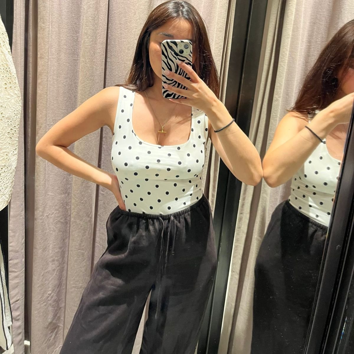 Senior Shopping Editor Marina Avraam wearing polka dot top