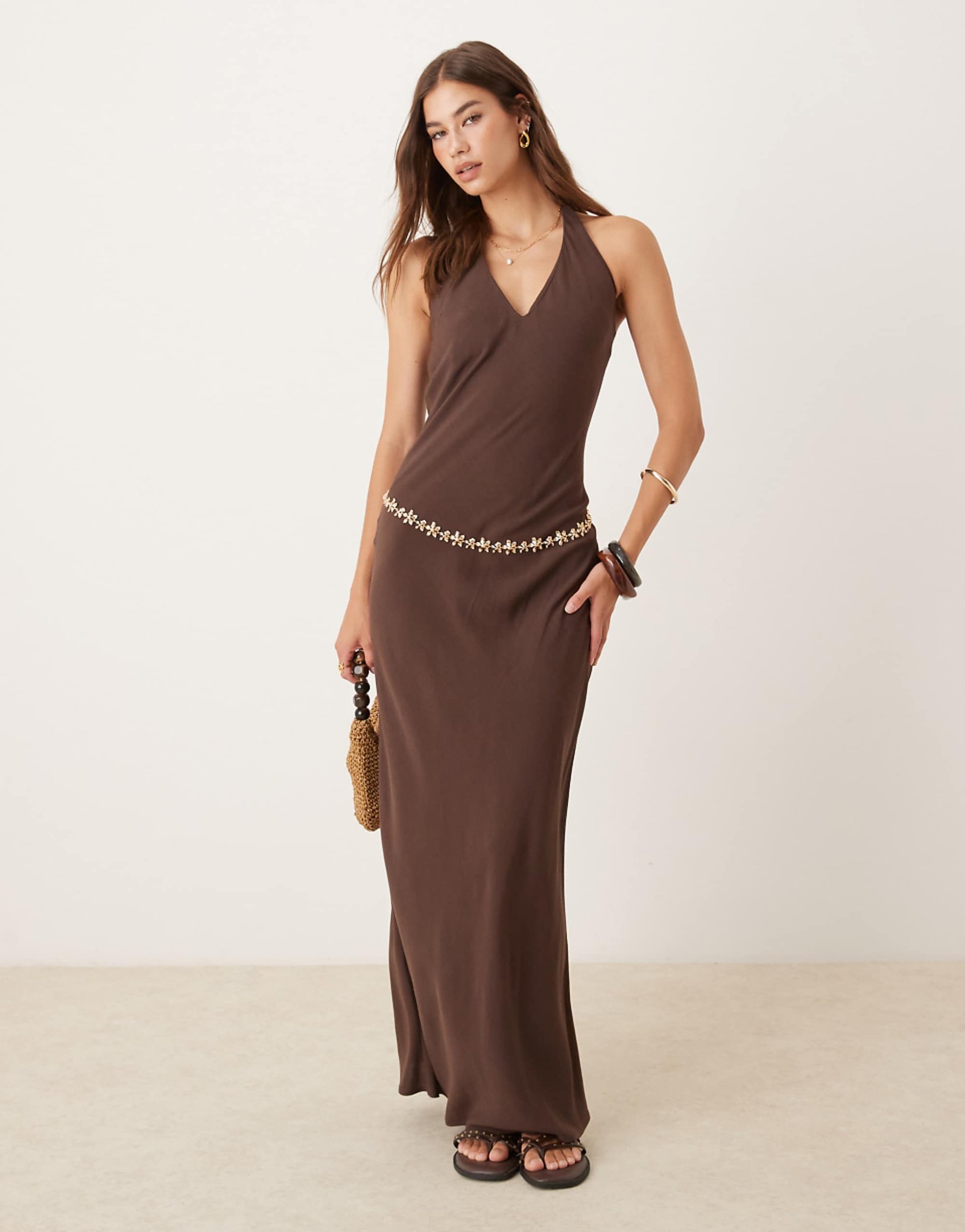 Asos Design Linen Blend Halter Maxi Dress in Chocolate