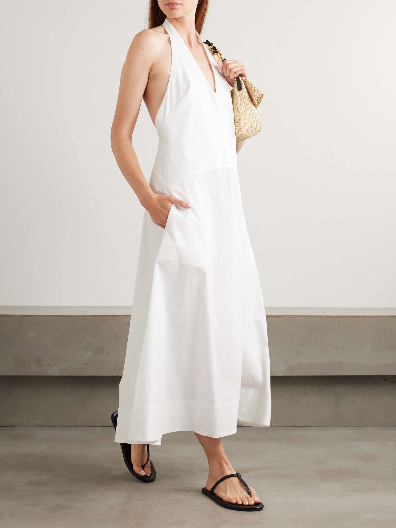 Crinkled Cotton-Blend Poplin Halterneck Maxi Dress
