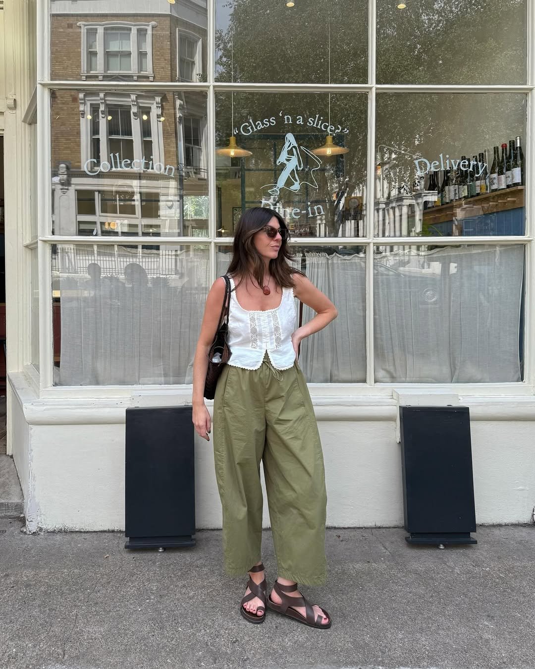Francesca in ankle strap sandals and olive green culottes