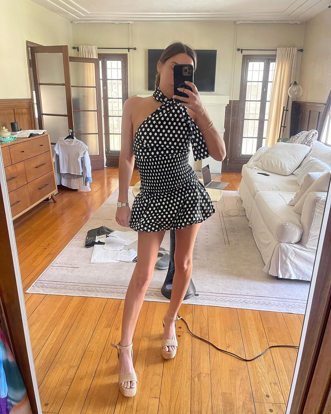 woman wearing polka dot matching set summer 2025