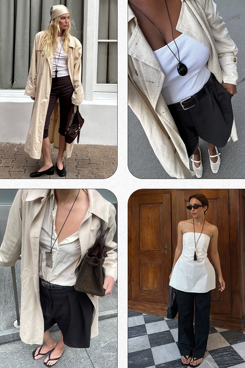 jewelry trends summer 2025 shown in a collage of photos of women wearing long necklaces