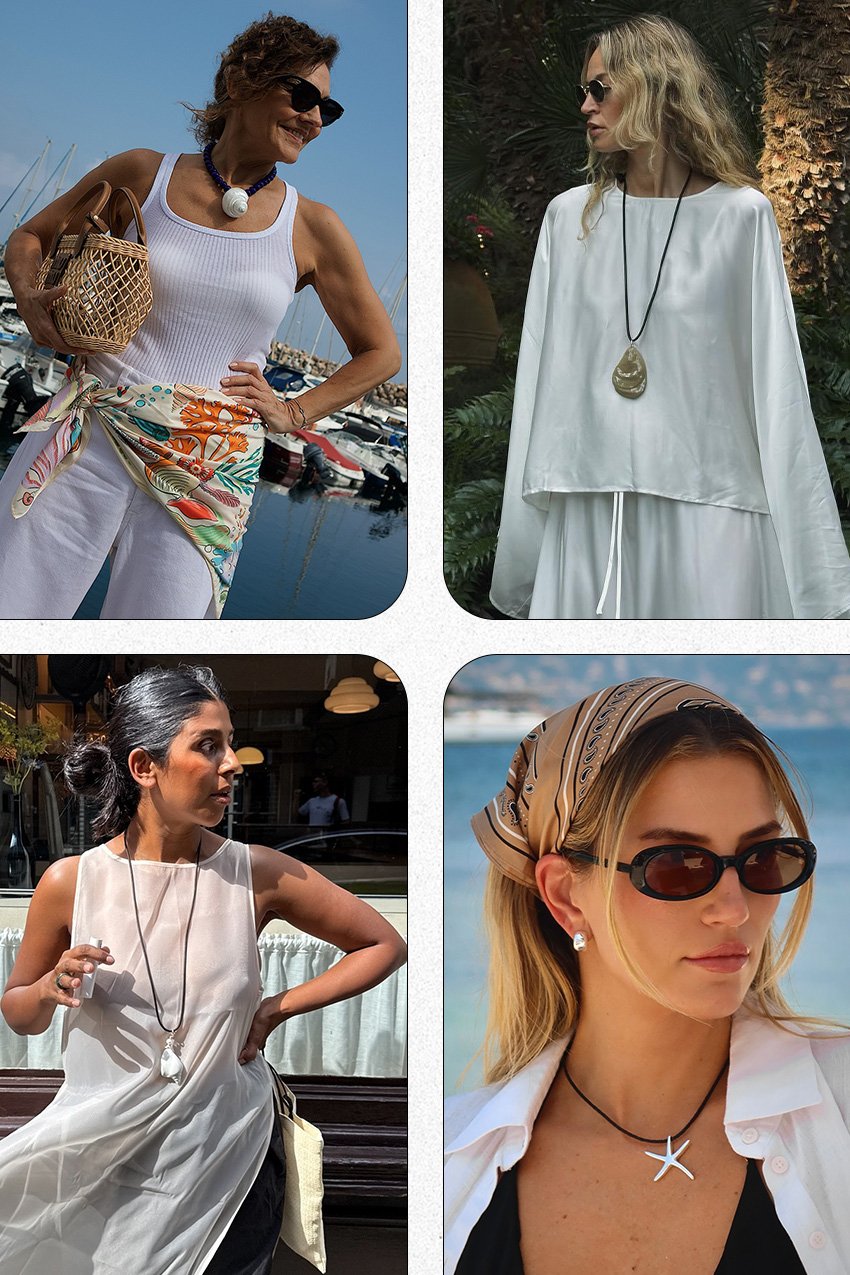 Jewelry trends summer 2025 is shown in a collage of photos of women wearing nautical motif jewelry