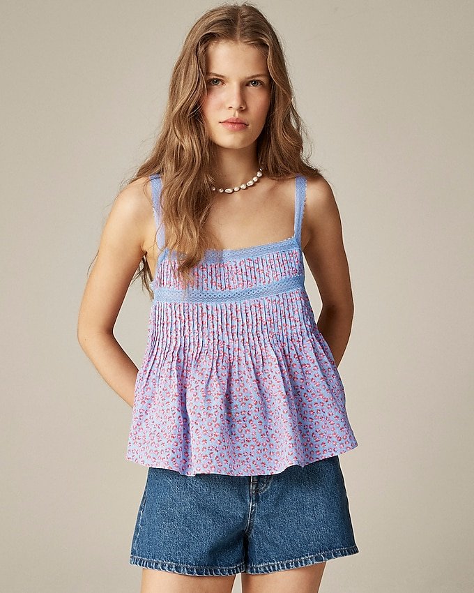 Lace-Trim Tank Top in Summer Fields-Print Ramie