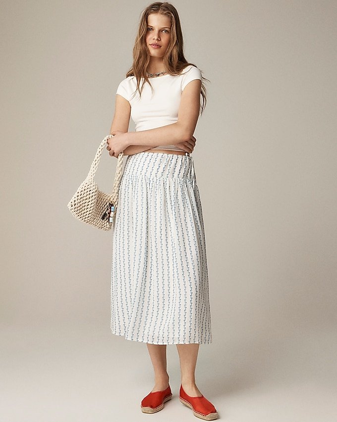 Side-Tie Skirt in Blue Daisy-Print Ramie