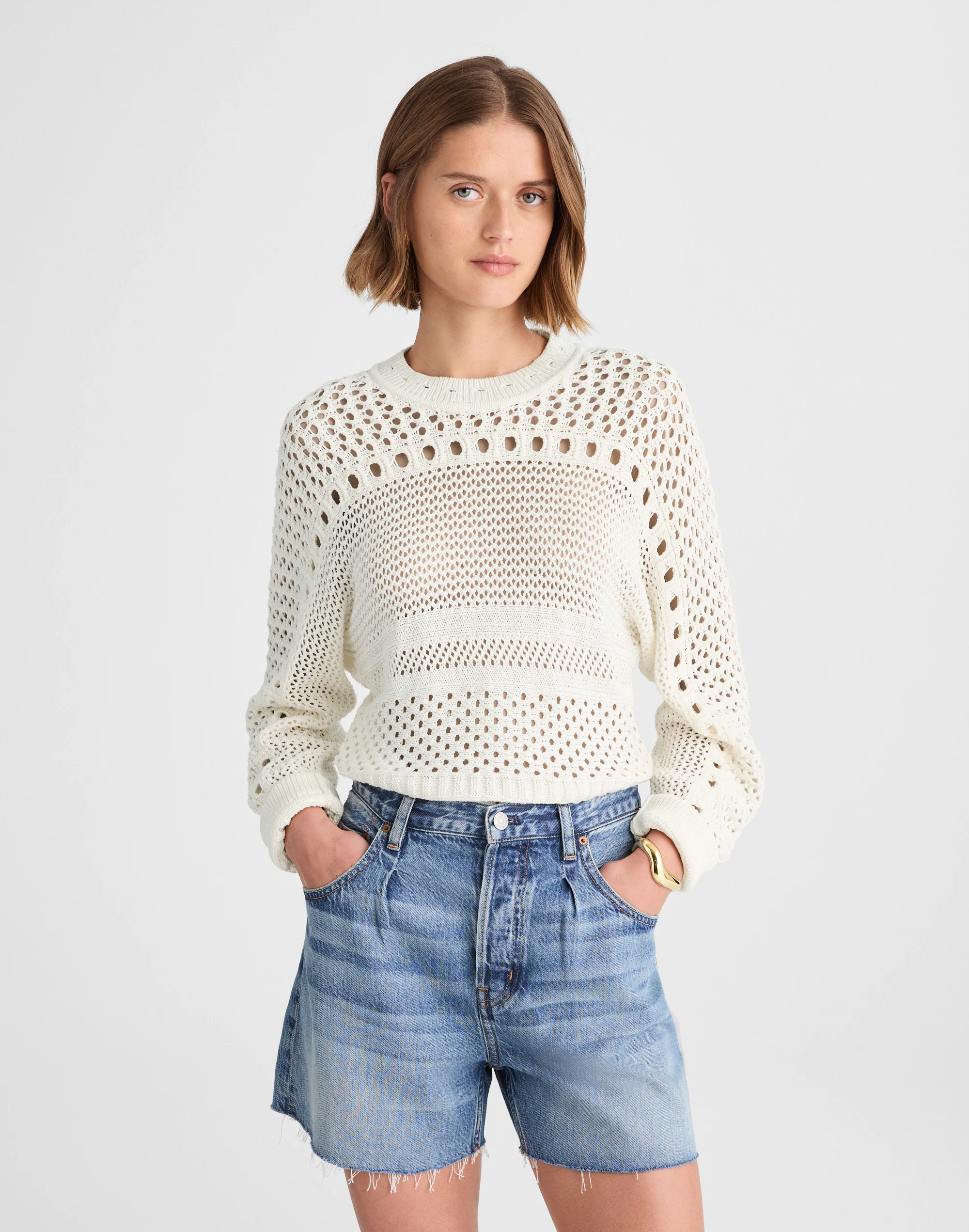 Open-Stitch Cotton Pullover Sweater