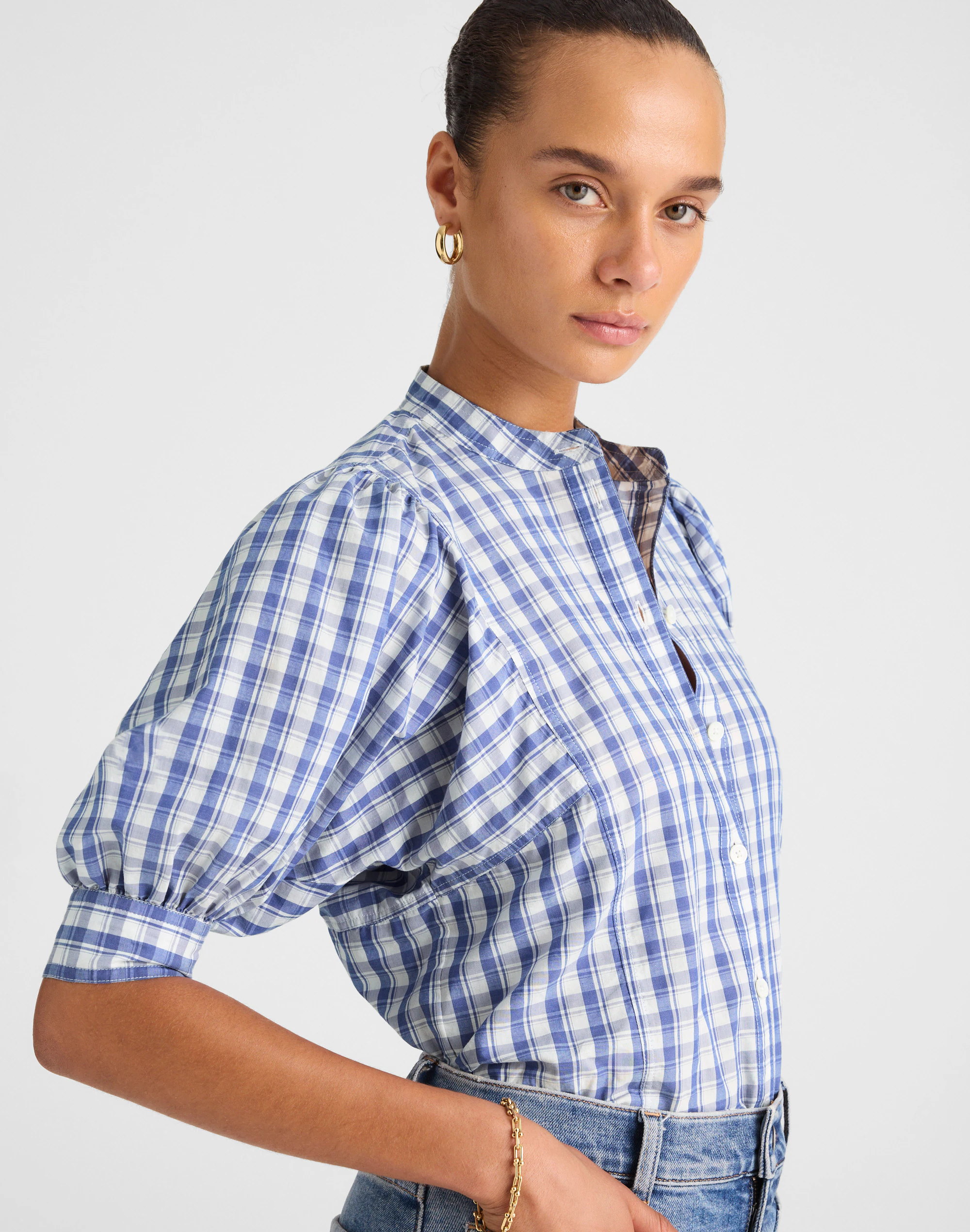 Puff-Sleeve Band-Collar Shirt