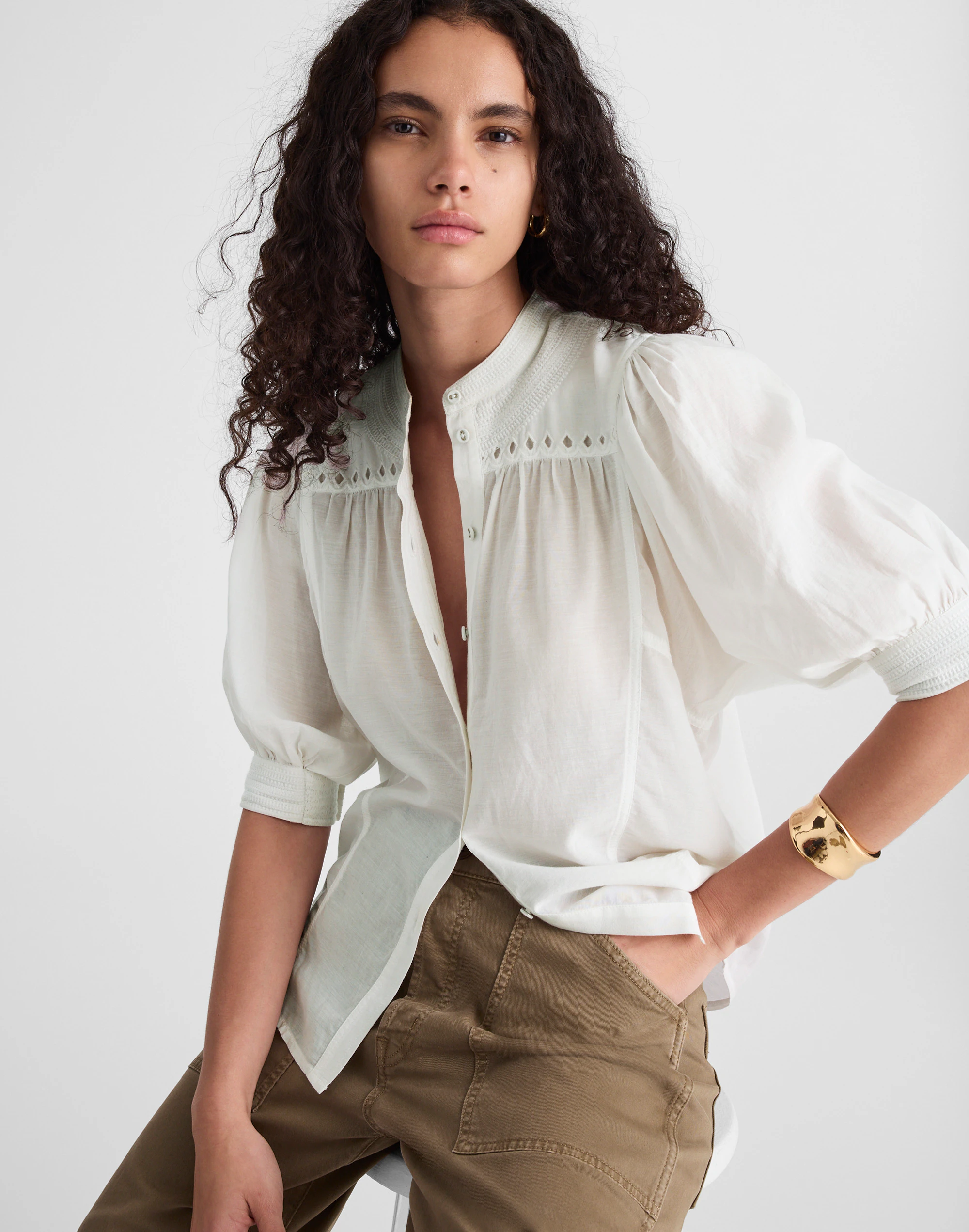 Puff-Sleeve Band-Collar Shirt