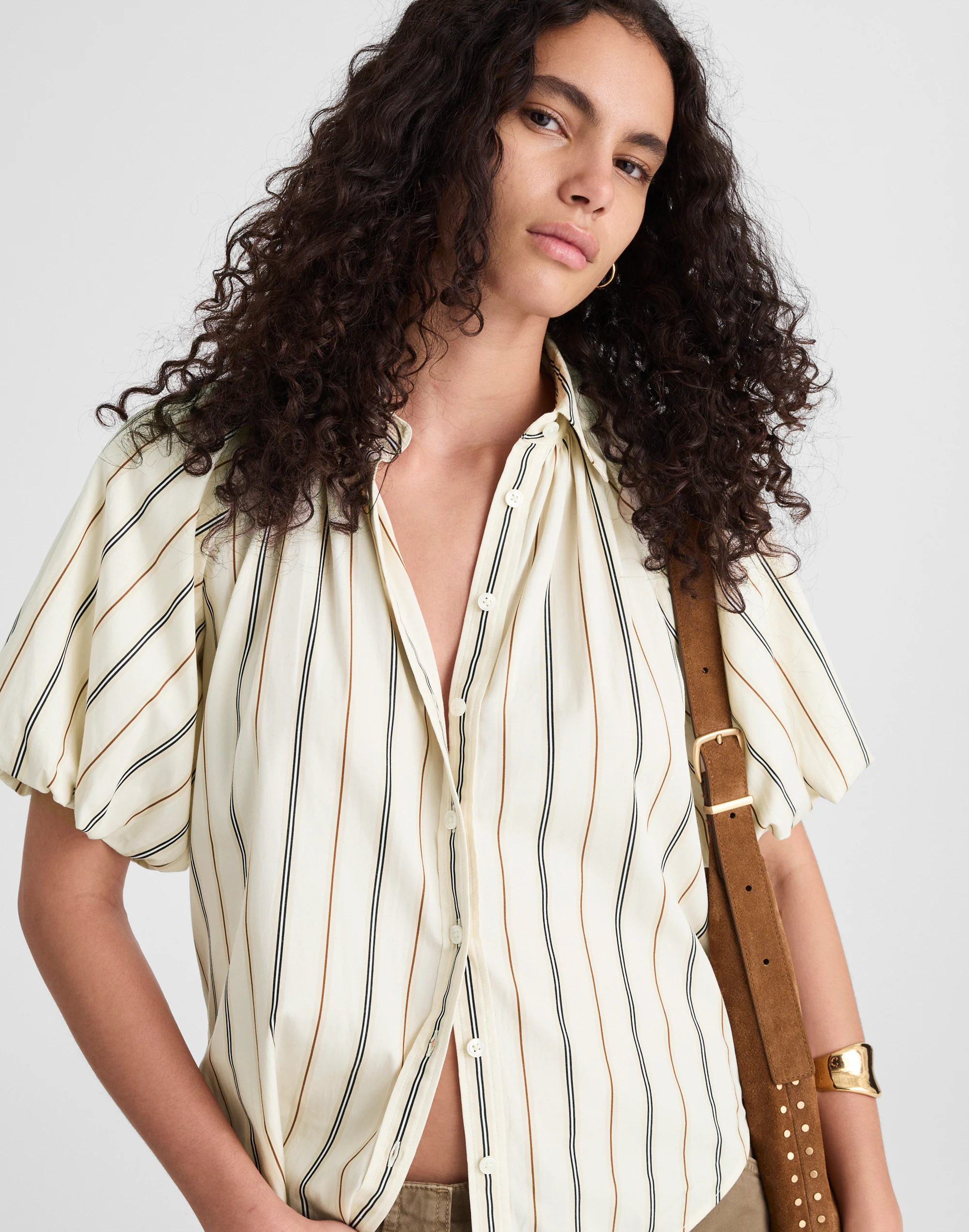 Shirred Bubble-Sleeve Button-Up Shirt in Poplin