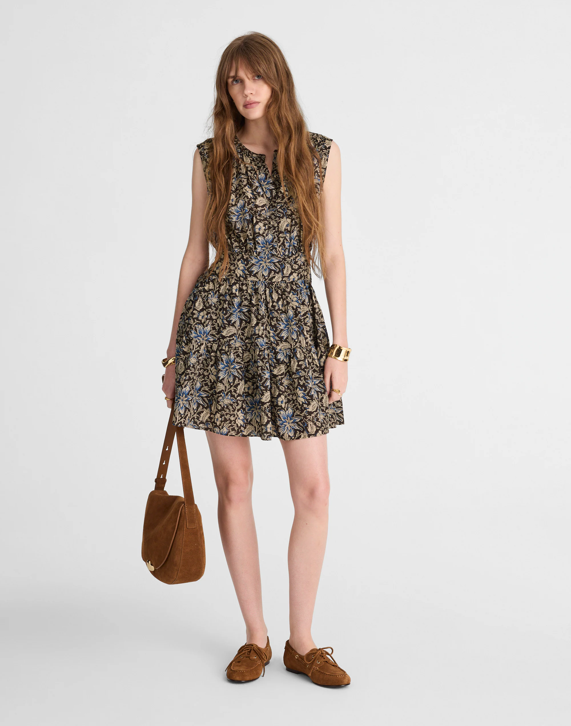 Gathered Button-Front Mini Dress in Floral