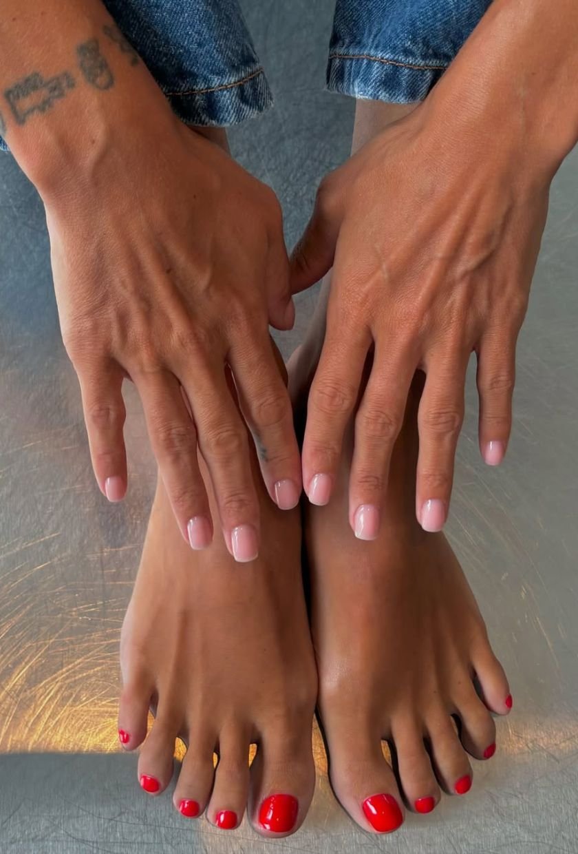 Pink Manicure and Red Pedicure