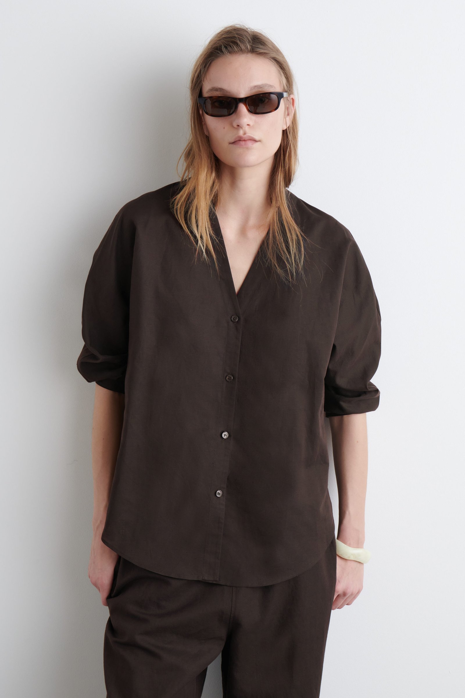 V-Neck Linen-Cotton Shirt