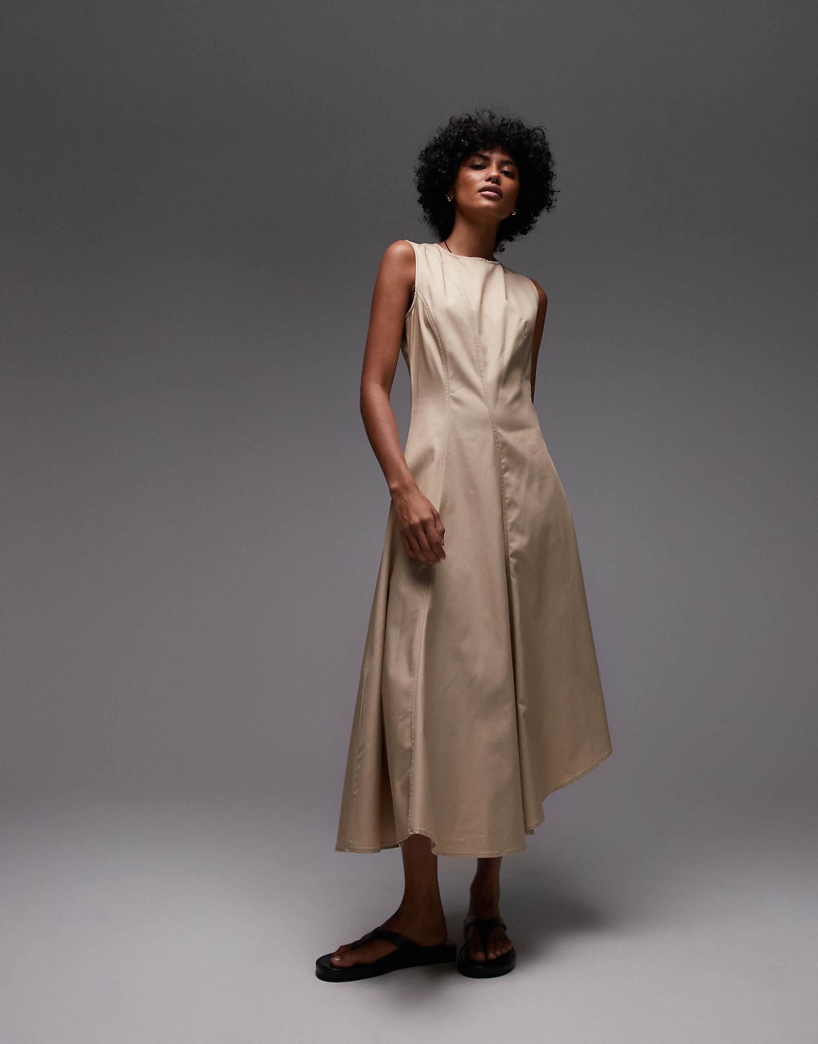 Mango Premium Cotton Pleat Detail Midi Dress in Light Beige