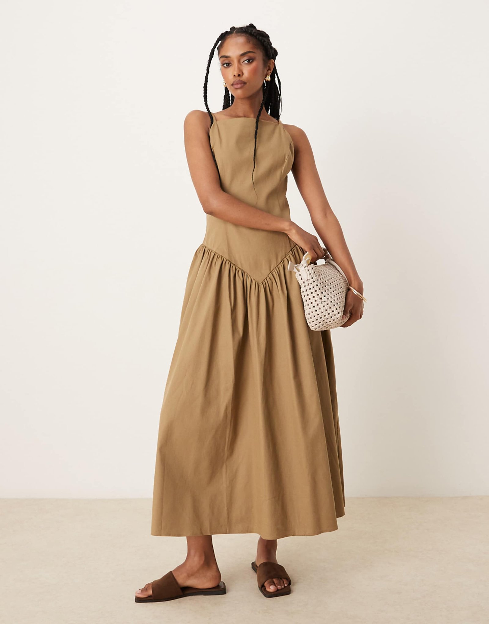 Asos Design Cami Dropped Waist Midi Dress in Camel
