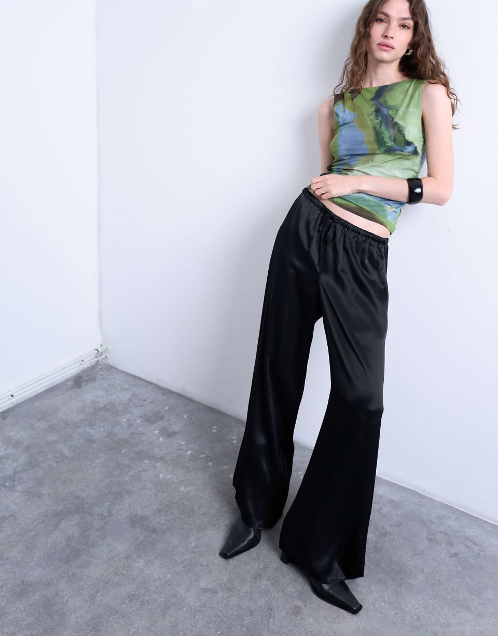 Topshop Satin Tie Waist Wide Leg Trouser in Black