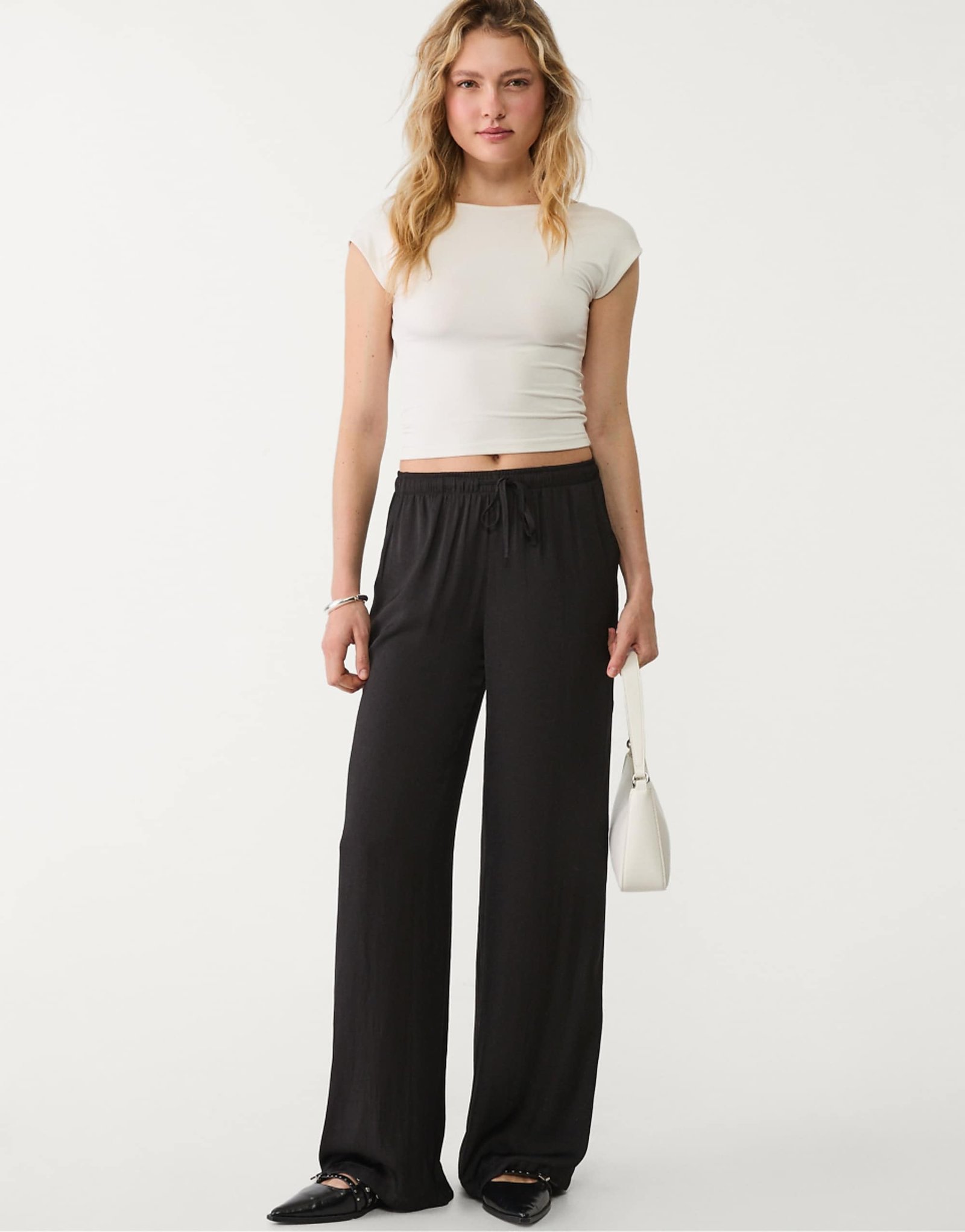 Stradivarius Satin Trousers in Black