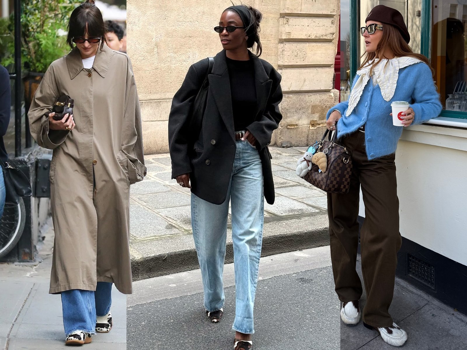 fashion collage featuring three celebrities and style influencers including Dakota Johnson, Liv Madeline, and Rebecca Ferraz Wyatt wearing chic outfits with the cow-print shoe trend