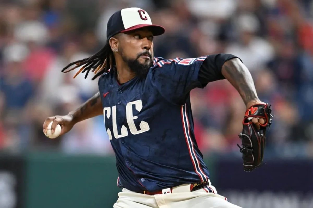 Jul 18, 2025; Cleveland, Ohio, USA; Cleveland Guardians pitcher Emmanuel Clase (48) throws a pitch during the ninth inning against the Athletics at Progressive Field. Mandatory Credit: Ken Blaze-Imagn Images