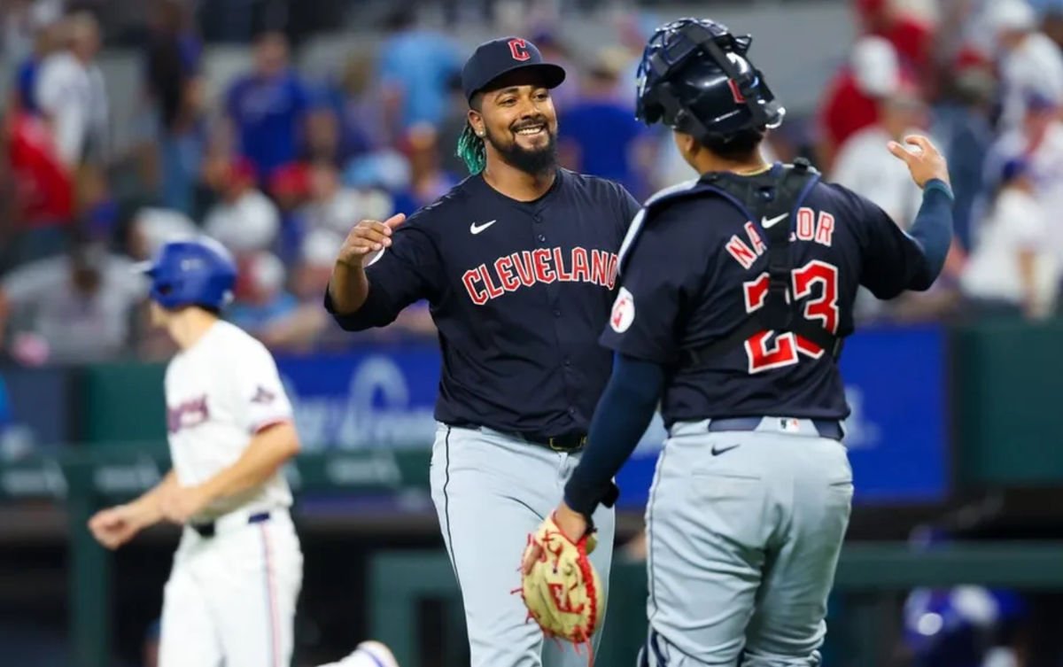 May 14, 2024; Arlington, Texas, USA; Cleveland Guardians pitcher Emmanuel Clase (48) celebrates with Cleveland Guardians catcher Bo Naylor (23) after the game against the Texas Rangers at Globe Life Field. Mandatory Credit: Kevin Jairaj-USA TODAY Sports