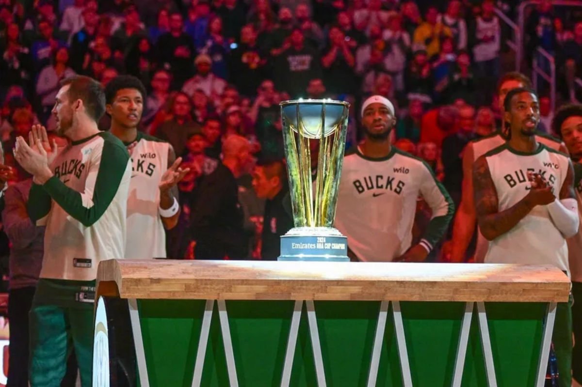 Dec 21, 2024; Milwaukee, Wisconsin, USA; The Milwaukee Bucks display the NBA Cup before a game against the Washington Wizards at Fiserv Forum. Mandatory Credit: Benny Sieu-Imagn Images