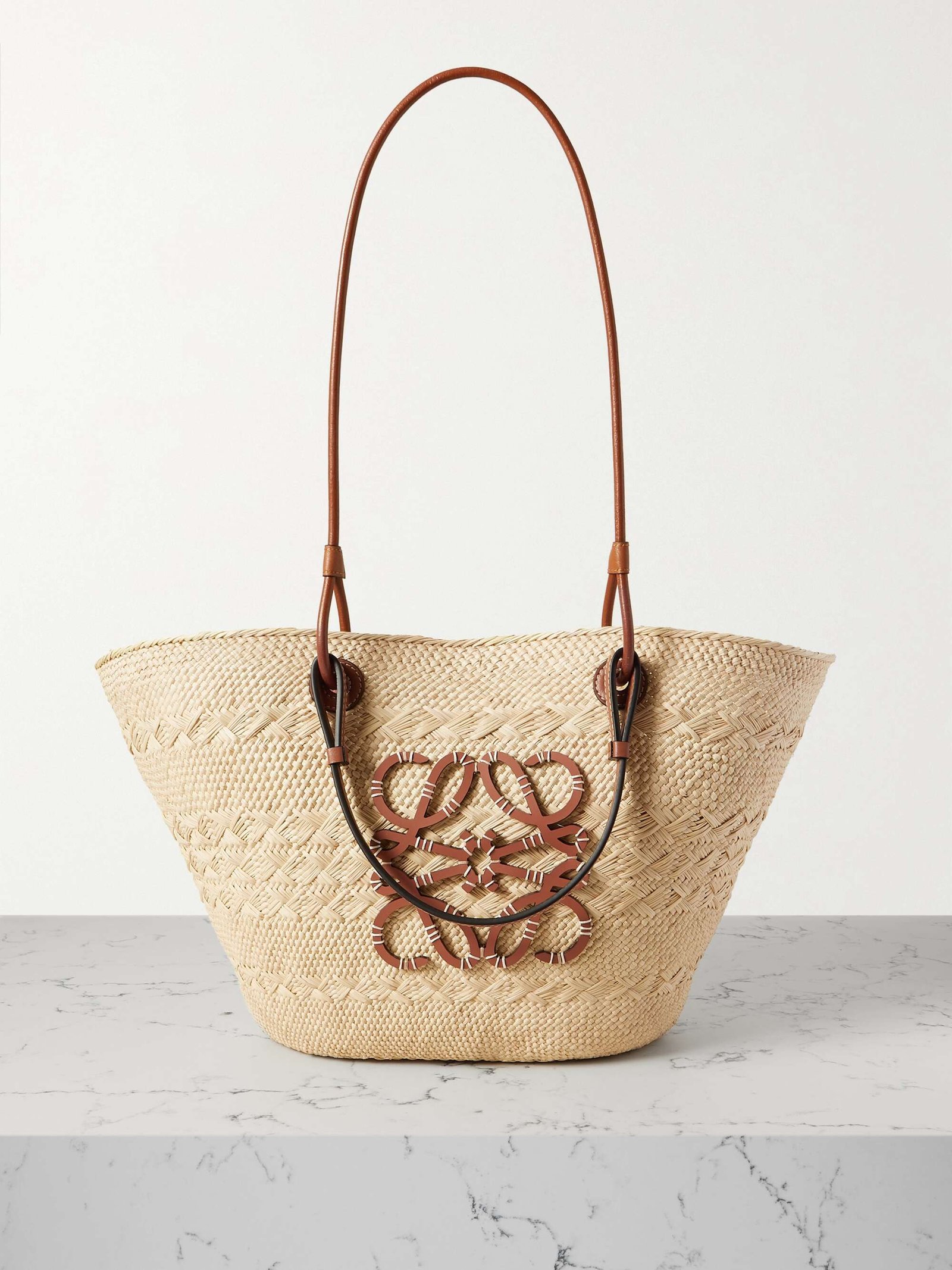 + Paula's Ibiza Anagram Medium Leather-Trimmed Woven Raffia Tote