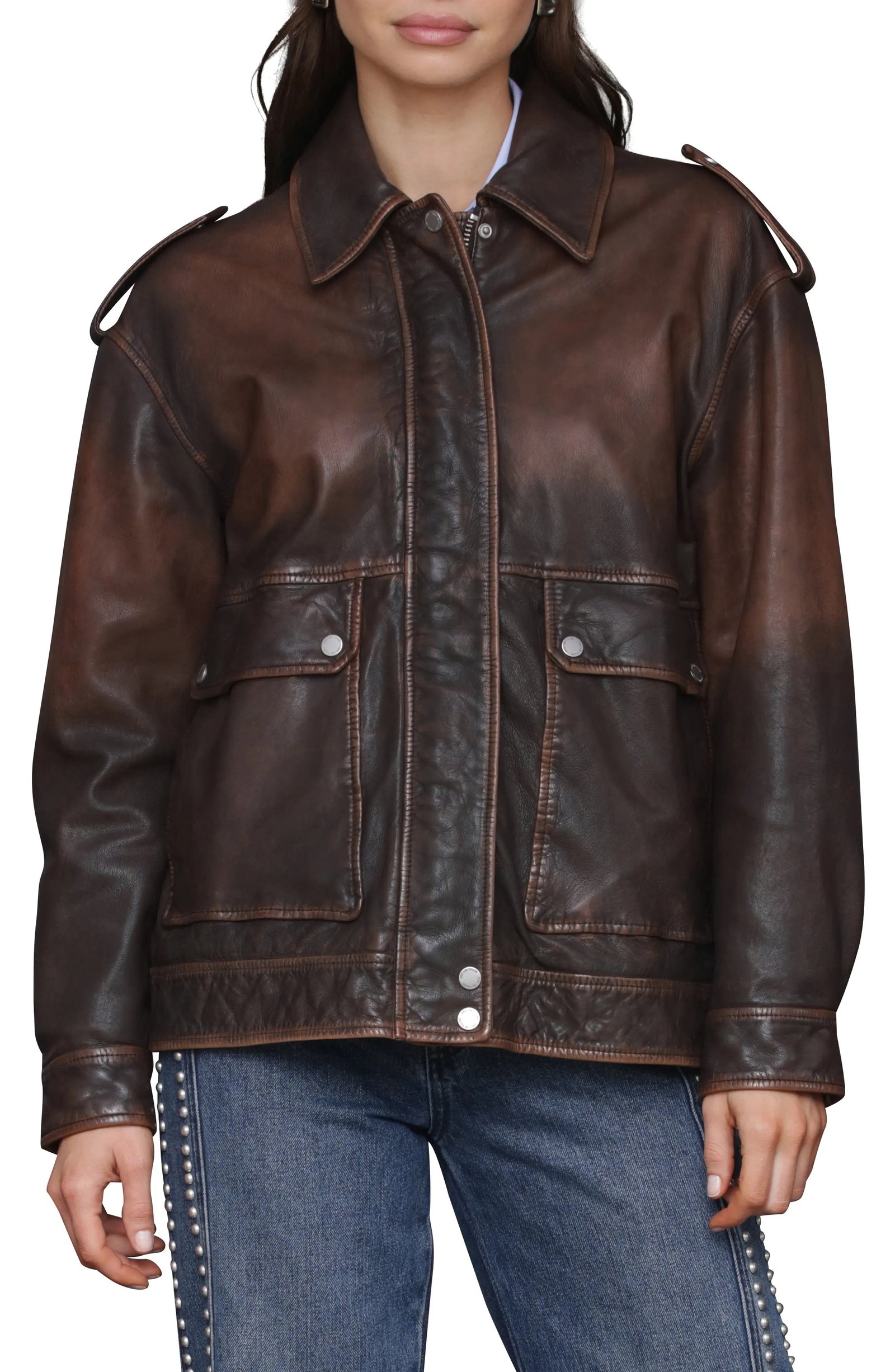 Avec Les Filles, Pieced Back Leather Bomber Jacket
