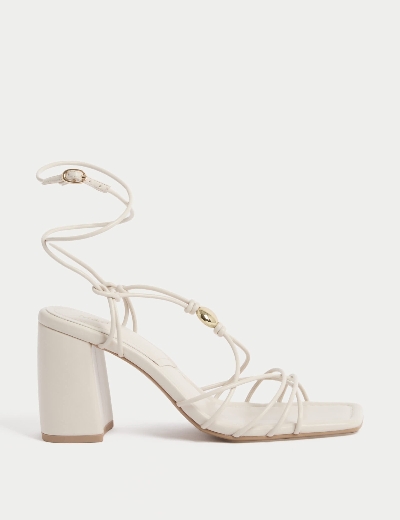 Beaded Trim Buckle Strappy Block Heel Sandals
