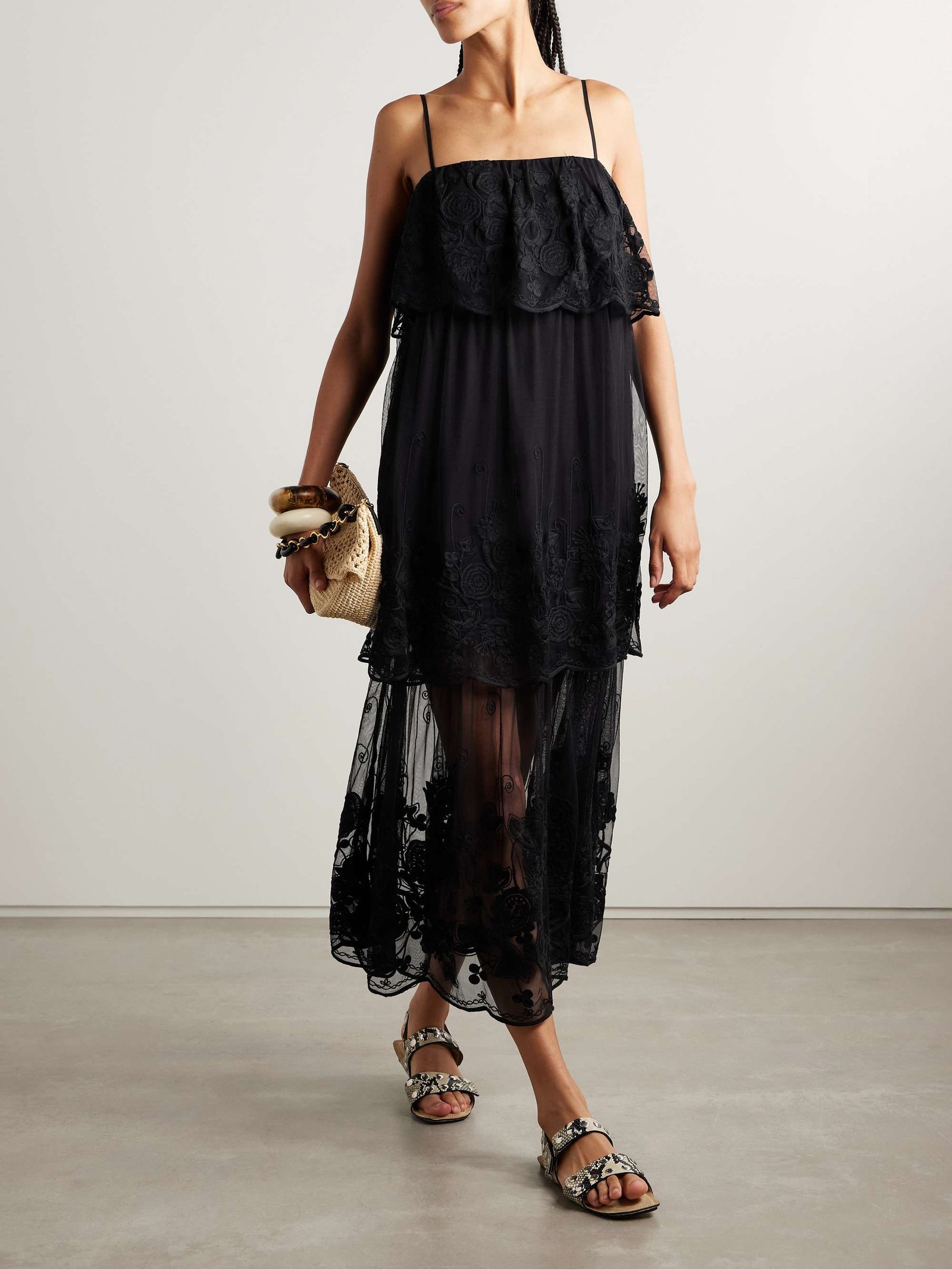 Arielle Tiered Embroidered Tulle Midi Dress