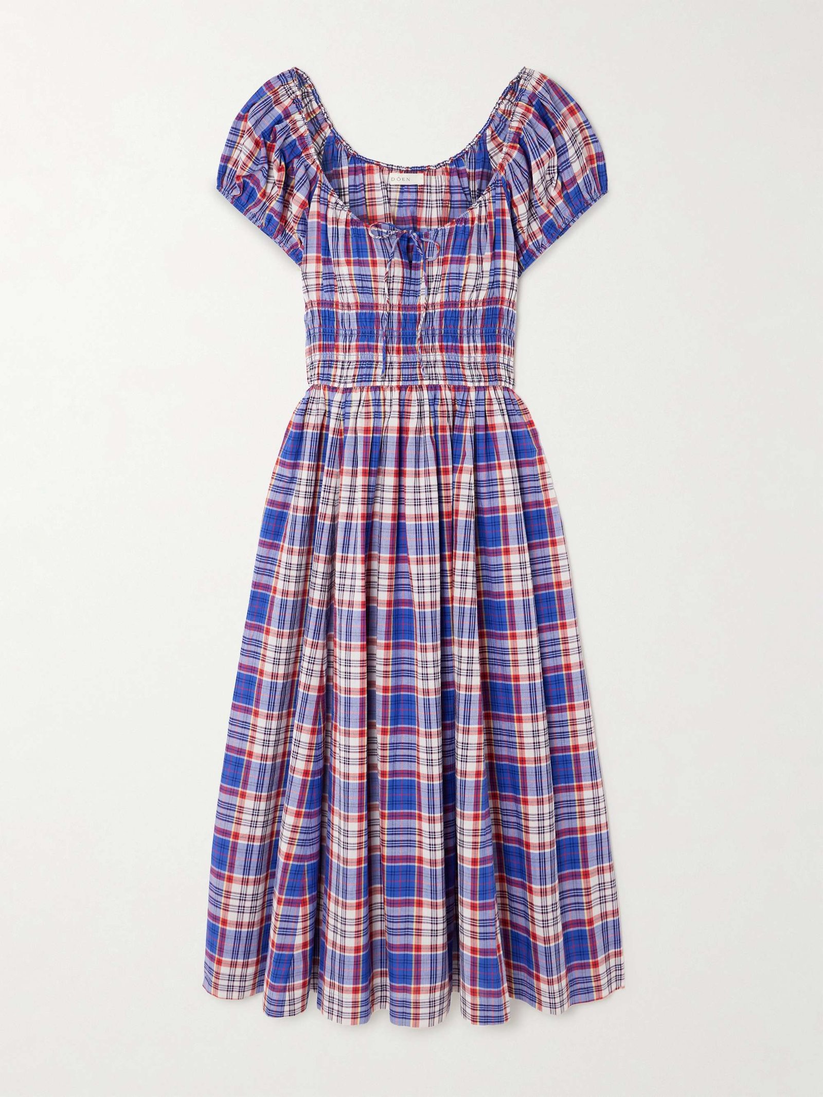 Quinn Checked Tie-Detailed Shirred Cotton-Poplin Midi Dress