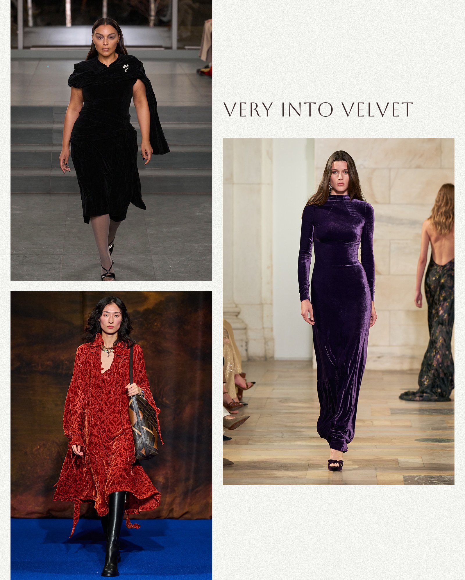 a collage of runway images highlighting the biggest dress trends for fall 2025