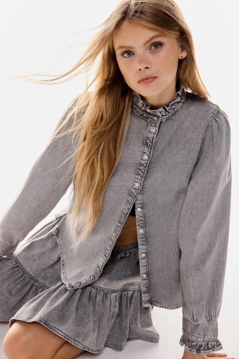Ruffle-Trimmed Denim Blouse