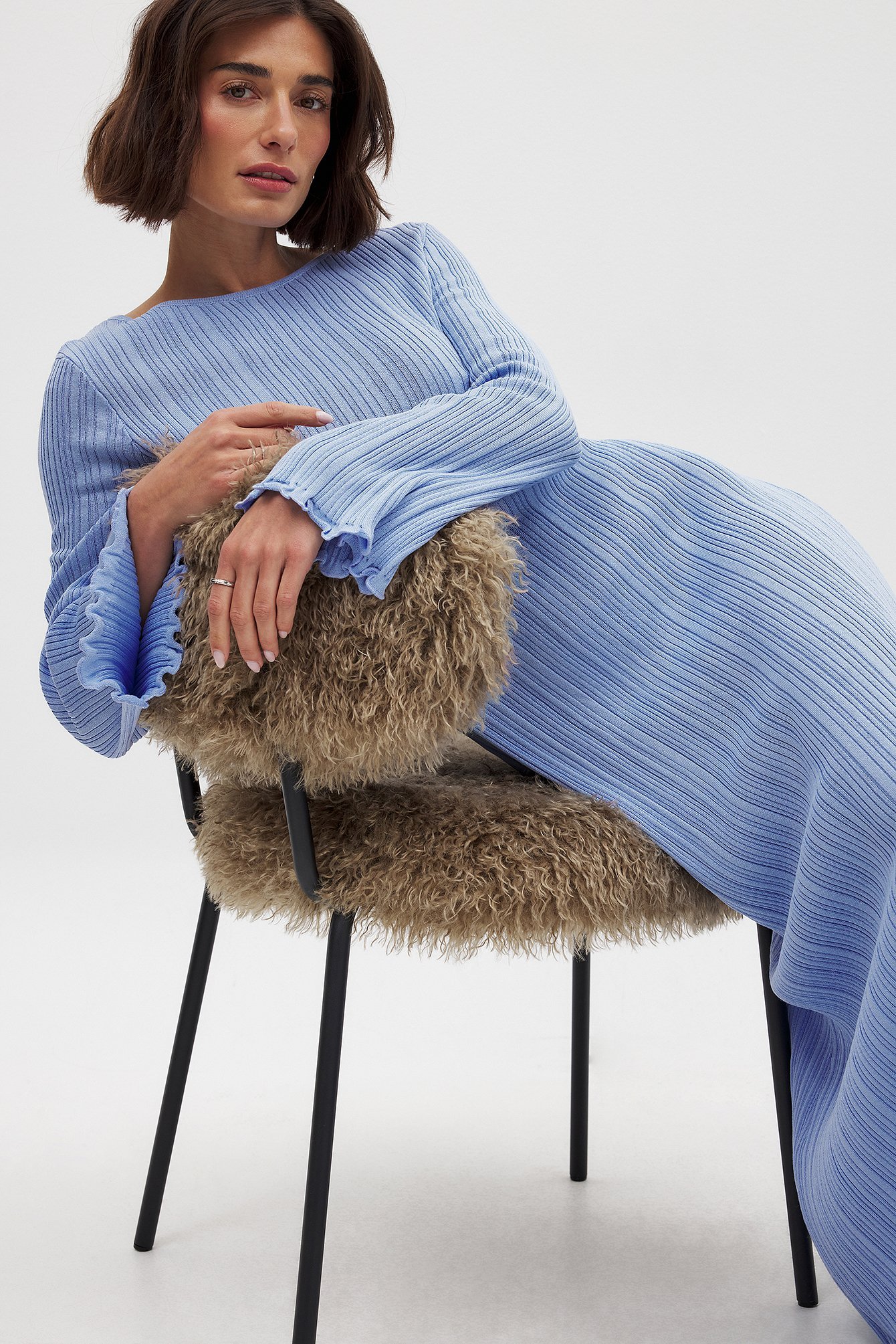 Knitted Round Neck Frill Maxi Dress